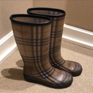 Burberry Neutrals Rubber Plaid Print Rain Boots